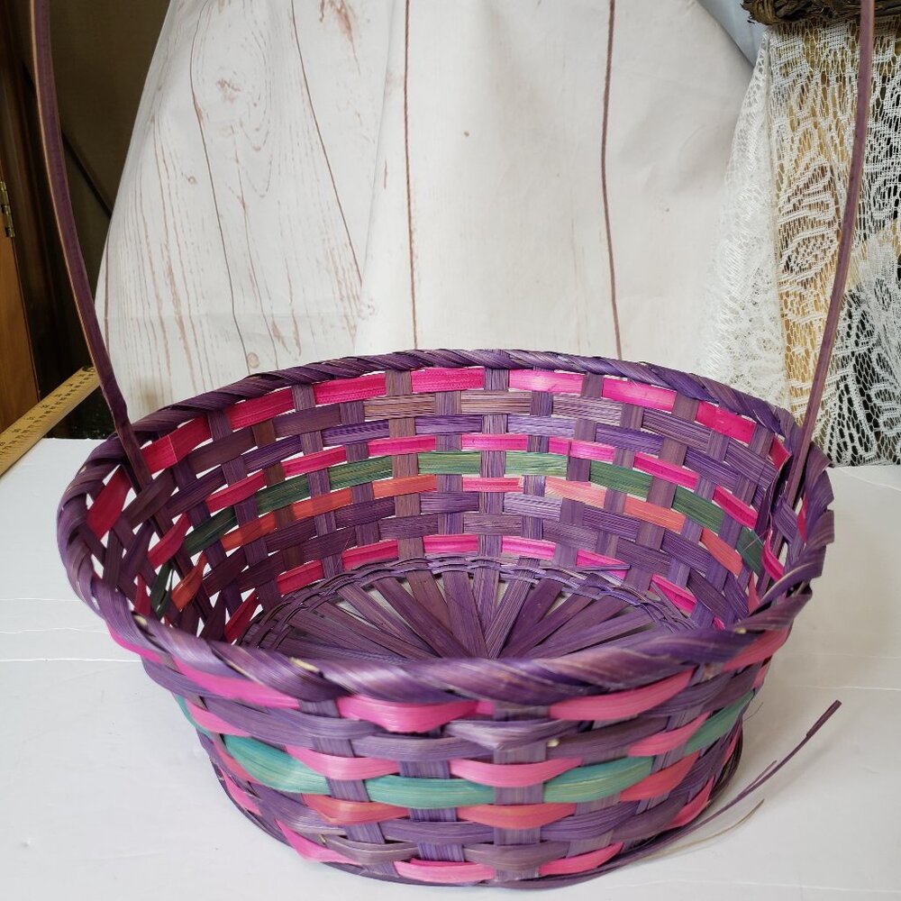 Purple and Pink Round Wicker Easter Basket 11" Girls